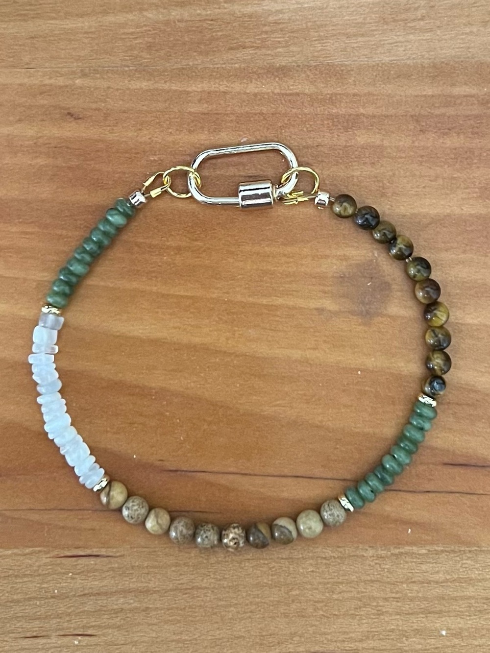 Genuine Tiger Eye, Olive Jade, Moonstone & Picture Jasper Bracelet